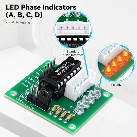 Close-up of ULN2003 driver board with LED indicators, part of 28BYJ-48 Stepper Motors With ULN2003 Driver Boards For Arduino And Raspberry Pi.