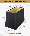 Rectangle Hardback Lamp Shade In Black With Gold Lining For That Luxe Glow 5x10 Top And 8x12 Bottom 9.5 Inch Slant Height Premium Linen Or Silk Type Shantung Fabric With Off White Lining Standard Spider Fit dimensions