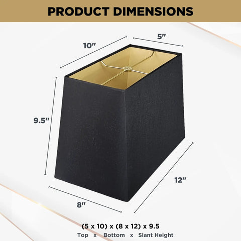 Rectangle Hardback Lamp Shade In Black With Gold Lining For That Luxe Glow 5x10 Top And 8x12 Bottom 9.5 Inch Slant Height Premium Linen Or Silk Type Shantung Fabric With Off White Lining Standard Spider Fit dimensions