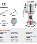 Beast Power 2000W Electric Grain Mill Grinder with specifications, stainless steel body, 750g capacity, and included accessories.