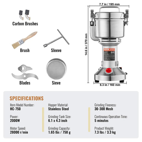 Beast Power 2000W Electric Grain Mill Grinder with specifications, stainless steel body, 750g capacity, and included accessories.