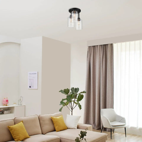 Three Light Industrial Tiered Matte Black Flush Mount Ceiling Light With Clear Glass Shade Dimmable E26 Base in modern living room.