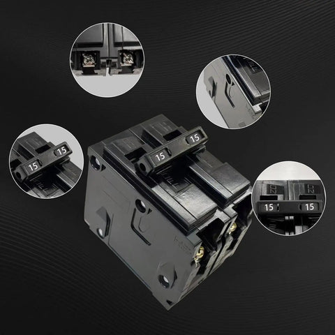 Close-up of 15 Amp 2 Pole Plug In Circuit Breaker 10 Ka Breaking Capacity 120 240 Volt Thermal Magnetic Trip for residential use.