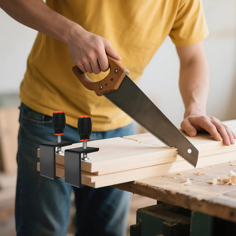 Go-To Heavy Duty C Clamps Set 2 Inch Wood Clamps with Metal Right Angle Brackets used in carpentry on a wooden board
