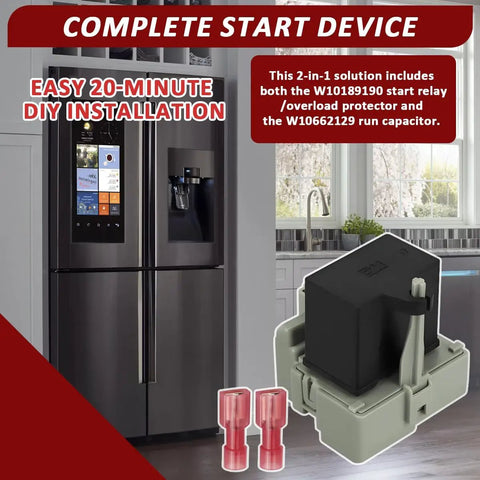 Refrigerator Start Relay And Capacitor Kit For Embraco QD TSD2 with Whirlpool Kenmore models W10189190 W10662129 in kitchen setting