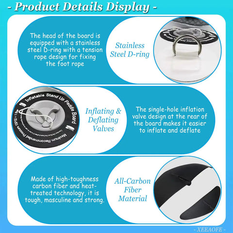 Diagram showing Go Anywhere Packable Inflatable Wing With Hydrofoil details: steel D-ring, inflating valve, carbon fiber material