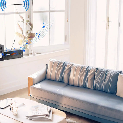 Indoor FM Dipole Antenna For Stereo Receivers And Home Theater Systems, 75 Ohm Unbalanced With Universal Connector on a shelf