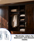 Sliding Closet Door Roller Kit For 3/4 To 1-3/8 Inch Thick Doors With Scroll Wheel Tracks And Screws, shown with wardrobe