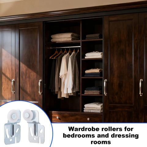 Sliding Closet Door Roller Kit For 3/4 To 1-3/8 Inch Thick Doors With Scroll Wheel Tracks And Screws, shown with wardrobe