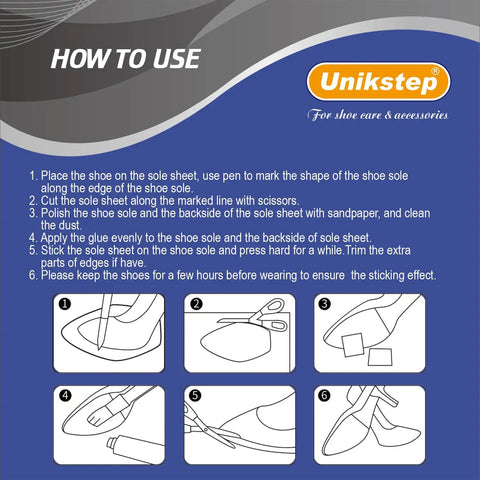 Instructions for using Eight Piece Shoe Sole And Heel Repair Kit With Cuttable Replacement Pads Non Skid Soles And Heels Anti Slip Wave Pattern.
