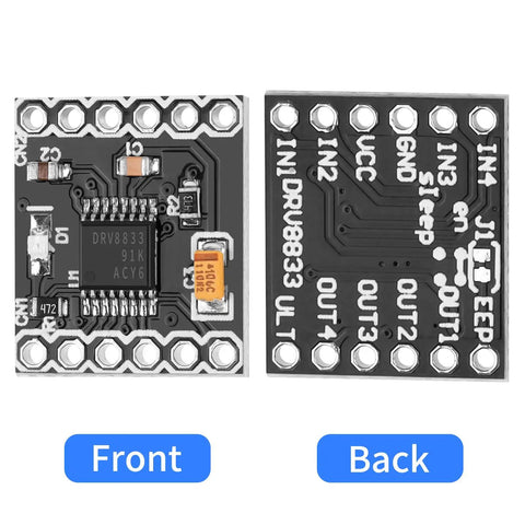 Front and back view of Dual Channel DC Motor Driver Board With H Bridge For DIY Projects 3 To 10V Input 1.5A Per Channel