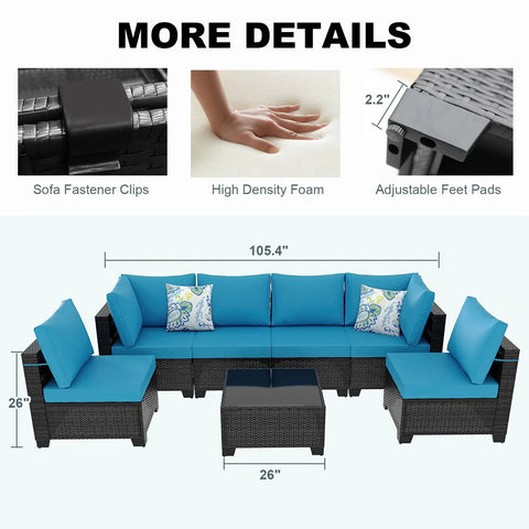 Chill 7 Piece Outdoor Patio Sectional Wicker Set With Waterproof Cushions, dimensions shown, high density foam, brown and peacock blue.