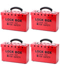 Real Heavy Duty Steel Lockout Tagout Group Lock Box 4 Pack With 12 Padlock Slots Built Like A Tank For Crew Safety And Site Compliance Boss Approved Red Workstation For Everyday Grind, showing four red lockout boxes.