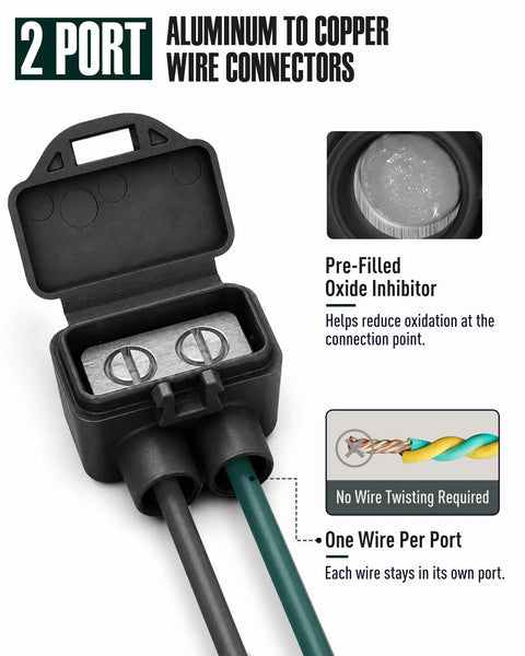 Pro Grade Two Port Electric Wire Connectors With No Mess Antioxidant Gel For Aluminum To Copper And Copper To Copper Junctions hassle free screw terminal wire nuts, pre-filled with oxide inhibitor.