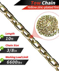 10ft yellow zinc-plated 3/8in tow chain, 6600lbs WLL, Heavy Duty 3/8 To 1/2 Inch Chain Binder Kit with Ratchet Chains