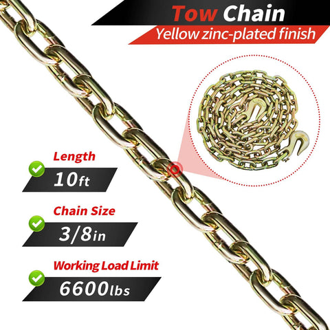 10ft yellow zinc-plated 3/8in tow chain, 6600lbs WLL, Heavy Duty 3/8 To 1/2 Inch Chain Binder Kit with Ratchet Chains