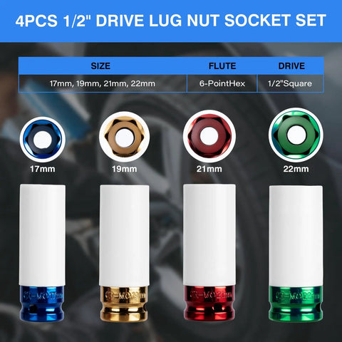 One Half Drive Deep Metric Impact Socket Set Featuring 17 19 21 22 Millimeter Heads For Wheel Lug Nuts And Tire Work with 4 sockets.