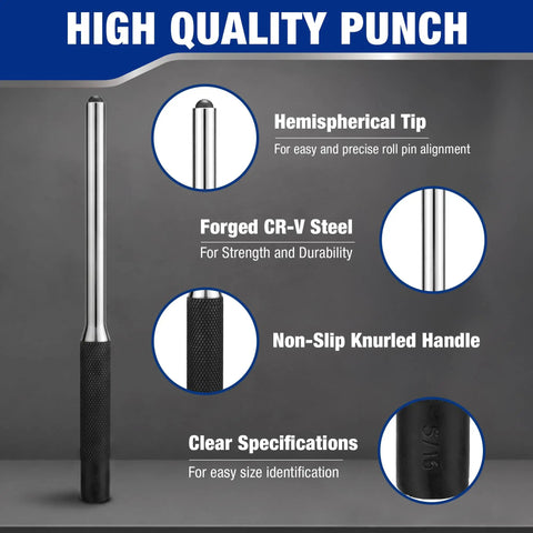Pro Grade 9 Piece Roll Pin Punch Set With Precision Tweezers Built Tough From Premium Chrome Vanadium Steel Black Oxide Coating Rock Solid Hardened Tips For Straight Up Pin Installation Or Removal