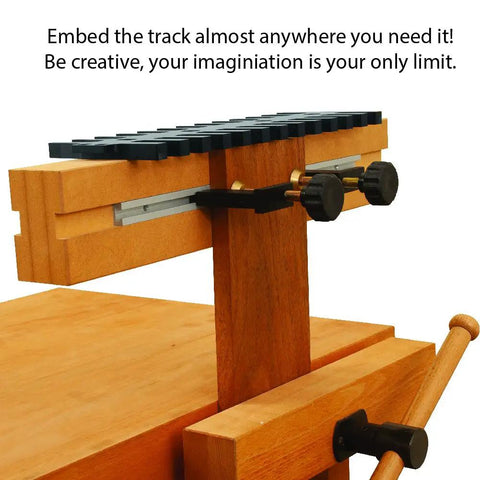 24 Inch Aluminum Mini T Track For Jigs And Fixtures Pretty Dang Tough Shop Essential With No Sweat Setup installed on a wood workbench.