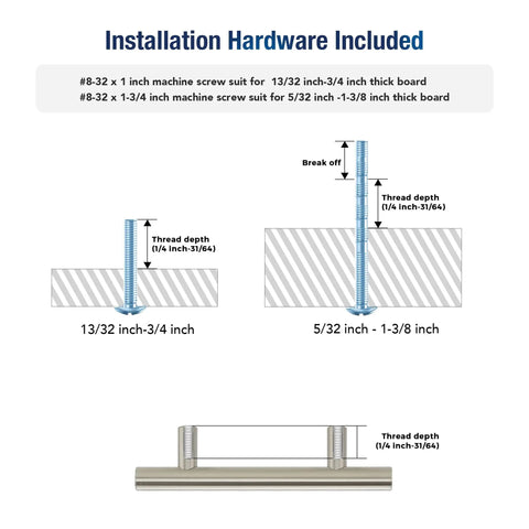 Installation hardware for Six Pack 5 Inch Cabinet Pulls With 3 Inch Hole Centers Stainless Steel Drawer Handles with dimensions.