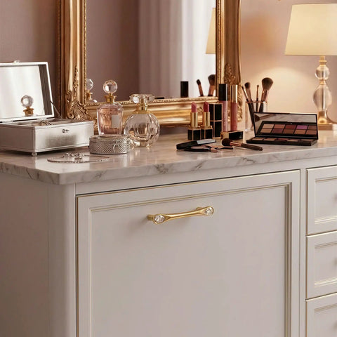 Vanity with 8 Pack Gold Crystal Drawer Pulls 3-3/4 Inch Hole Center 5 Inch Elegant Cabinet Pulls For Dresser And Cupboard Zinc Alloy Diamond Decorative Handles