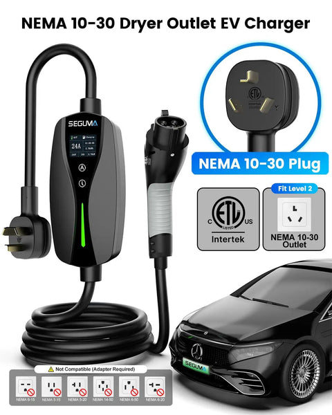 Premium Wall Mounted Level 2 EV Charger 24 Amp 240 Volt With Nema 10-30 Plug Plug And Play featuring a 25 ft cable and charging interface.