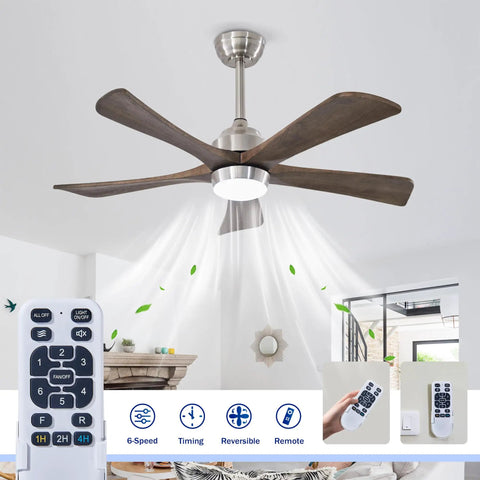 42" 5PCS Solid Wood Blades Ceiling Fan with Lights Remote Control, Nickel featuring wood blades and remote control.
