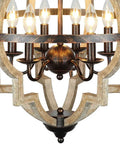 Close-up of 21-Inch Farmhouse Chandelier with 6-Light Rustic Wood Fixture in warm brown finish for dining room, kitchen, foyer, bedroom