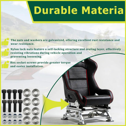 Bottom Mount Seat Hardware Kit For Racing Seats Sliders And Brackets shown with bolts, washers, nuts beside racing seat