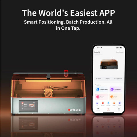 10W Enclosed Laser Engraver And Cutter With Smart Camera Positioning shown with user-friendly mobile app interface
