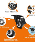 Four Pack Heavy Duty Rubber Swivel Caster Wheels With Double Locking Brakes 360 Degree Rotating Furniture Casters close-up of features