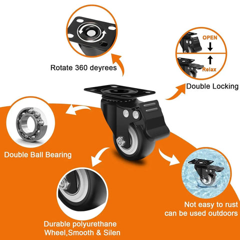 Four Pack Heavy Duty Rubber Swivel Caster Wheels With Double Locking Brakes 360 Degree Rotating Furniture Casters close-up of features