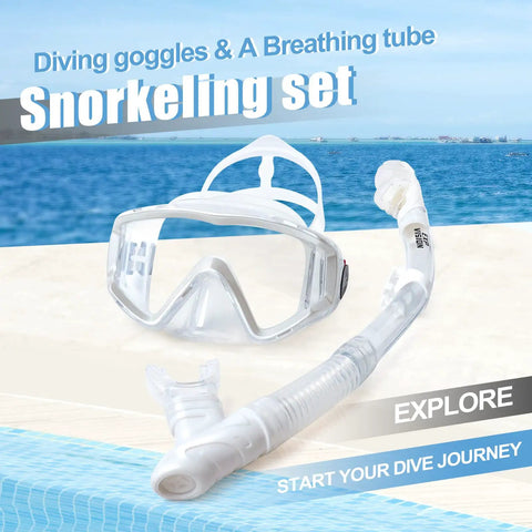 Panoramic 3 Window Snorkel Mask Set for Adults Pro Grade Anti Fog Anti Leak Dry Top Diving Gear with ocean background