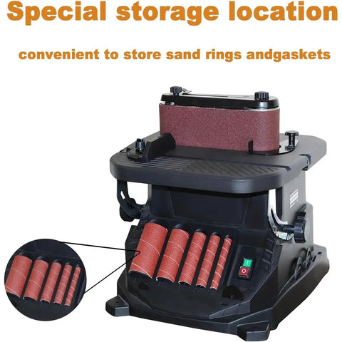 Beast Mode Vertical Oscillating Spindle And Belt Sander Combo For Woodworking Shops With Tilting Table and assorted sanding sleeves in storage.