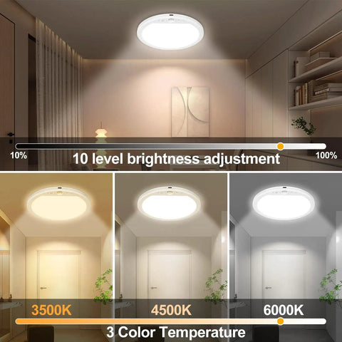 Rechargeable Motion Sensor Ceiling Light With Remote Cordless Magnetic Stick On Closet Light displaying brightness and color temperature adjustments.