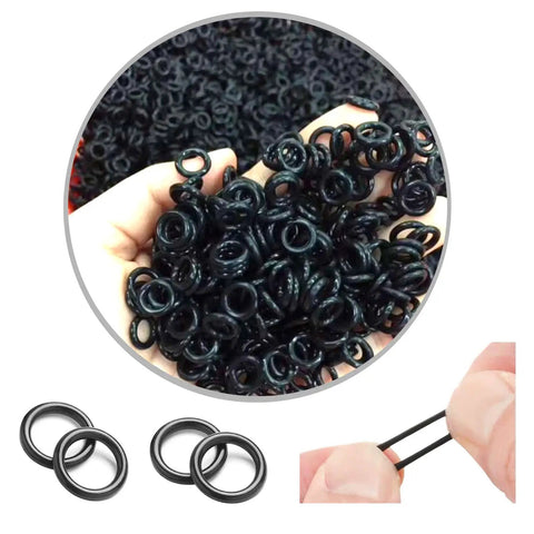 Bass Fishing Wacky Rig O Ring Kit, 200 Silicone Rings For Wacky Rig And Neko Rig in hand, detail view, black silicone rings