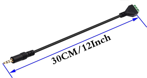 3.5mm Audio Male to 2 Pin Bolt Screw Terminal Female Cable Extender, 30cm Long, showing 12 Inch measurement with black cable