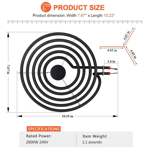 Diagram of 8 Inch Electric Coil Burner Replacement Element 2600W Fits Whirlpool Frigidaire Kenmore with specifications.