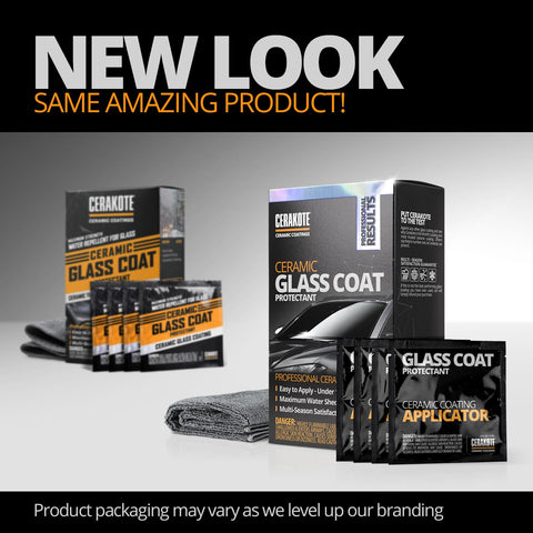 Ceramic Glass Coat Protectant for windshields packaging with applicator cloths, featuring a new look.