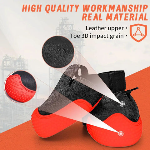 Badass Steel Toe Shoe Covers With Non Slip Oil Resistant Soles And Thick Leather Lining For Heavy Duty Industrial Safety And ASTM EN ISO Certified Impact Shielding On Every Daily Grind showing leather upper and protective 3D toe impact grain.