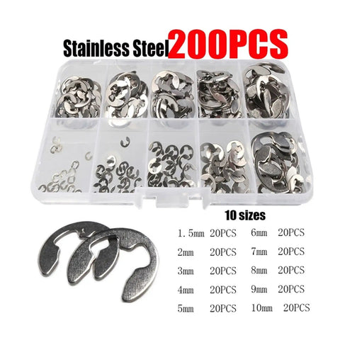Heavy Duty E Clips Retaining Circlip Kit In Stainless Steel And Carbon Steel Pro Grade Beefy 200 To 550 Pieces In Sizes 1.5mm Through 10mm Perfect For Bearings Gears Pulleys Shafts And Axles, stainless steel set, 200 pieces shown in case with ten size options.