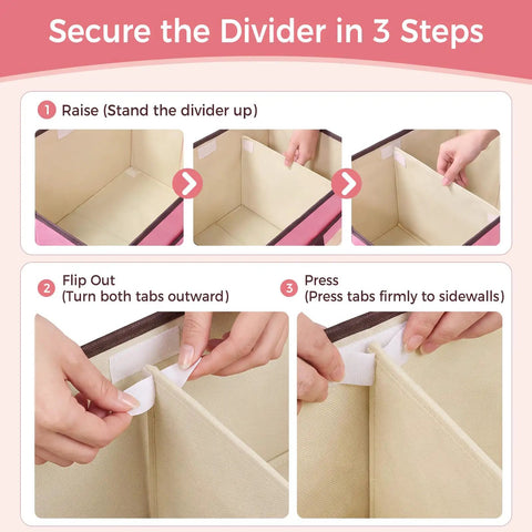Steps to secure the divider in No Hassle Straight Up Foldable Fabric Storage Bins With Tough Lids And Transparent Panels.