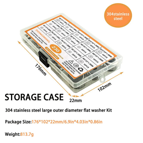 230 Piece Flat Washer Essentials Kit For Electrical Connections And General Repairs Includes Various Size Washers To Fit Screws Nuts And Bolts Distributes Load Prevents Loosening Perfect For Diy Home And Auto Projects, 304 stainless steel storage case