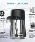 One Gallon Countertop Water Distiller In Stainless Steel With Food Grade PP Filter Nozzle For Super Low TDS, safety features displayed