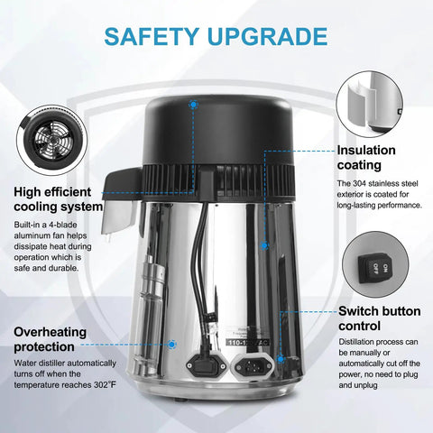 One Gallon Countertop Water Distiller In Stainless Steel With Food Grade PP Filter Nozzle For Super Low TDS, safety features displayed