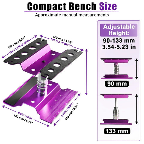 Aluminum RC Repair Stand for Ten Scale Cars With 360 Degree Rotation and Adjustable Height From Ninety to One Hundred Thirty Three Millimeters, Fits One Eighth to One Fourteenth Scale Crawlers Drifters Buggies and Trucks, compact size dimensions