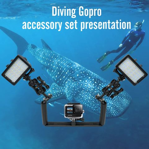 Underwater Camera Rig With Dual Handheld Stabilizer And Video Light for GoPro Hero near snorkeling diver and whale shark.