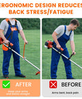Man using Ergonomic Back Saver Handle Extension with Double Shoulder Strap Harness for garden trimmer, before and after comparison