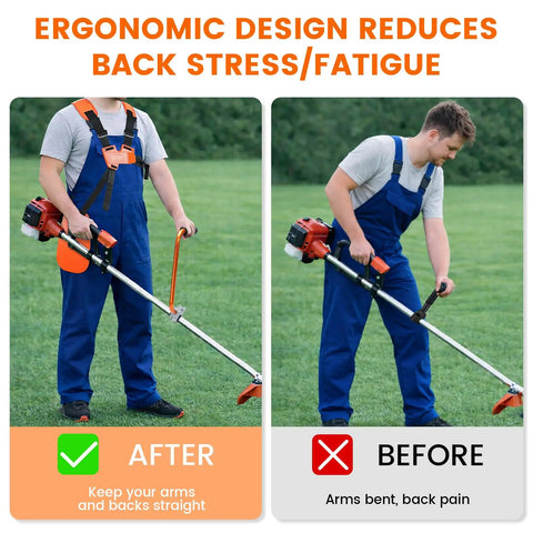 Man using Ergonomic Back Saver Handle Extension with Double Shoulder Strap Harness for garden trimmer, before and after comparison