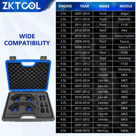 Seven Piece Go-To Camshaft Holding Timing Tool Kit For Ford 3.5L And 3.7L 4V Engines with tools displayed in foam box with compatibility list.